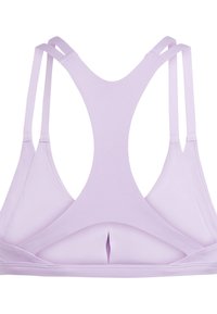 Sostenitore sportivo lavanda con design a schiena scoperta, spalline sottili e dettaglio a taglio nella parte inferiore. Realizzato in tessuto elastico e morbido.