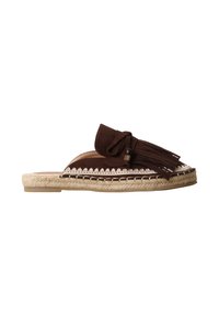 Mule slip-on en daim marron avec pompons, broderie en zigzag blanc, semelle espadrille enveloppée de jute, semelle extérieure en caoutchouc plate.