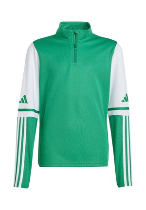 Grüner Pullover mit einem Viertelreißverschluss, weißen Ärmeln und drei vertikalen grünen Streifen an jedem Ärmel. Hergestellt aus einem glatten, leichten Stoff.