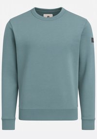 Ljusblå sweatshirt av mjukt tyg, med rund halsringning, ribbade muddar och en liten logotyp på vänster ärm.