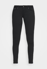 Jeans negros ajustados de denim. Con cierre de botón y cremallera, pasadores para cinturón y bolsillos delanteros y traseros. Textura suave, diseño entallado.