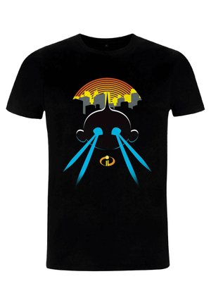 Sort t-shirt med et grafisk tryk af en karakter med blå stråler, en bysilhuet og en orange solstråle. Materialet er bomuld.