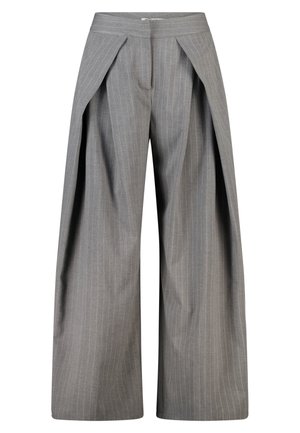 Grijs gestreepte broek met brede pijpen, voorplooien en een verborgen sluiting, met een hoge taille en lange zoom.