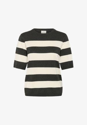 Pull court à manches courtes rayé en gris foncé et crème, avec un col rond et une coupe décontractée. Texture tricotée douce avec des rayures horizontales.