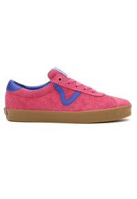 Pink suede sneaker with blue leather accents, flat laces, and gum rubber outsole. Features a side logo and a padded collar for comfort.