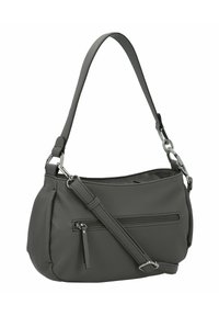 Sac en cuir gris avec une forme arrondie, doté d'une poche avant zippée, d'une bandoulière réglable et de finitions en métal argenté.