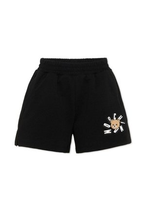 Czarne szorty z elastycznym pasem, bocznymi kieszeniami oraz małą grafiką maskotki z napisem "Moschino" na dolnej części prawej nogawki.