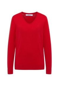 Roter Pullover mit V-Ausschnitt, langen Ärmeln und Rippbündchen. Glatte Textur, aus weichem Material hergestellt, mit dem Aufkleber "CECIL" im Nacken.