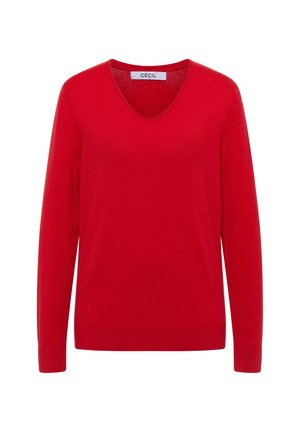 Röd pullovertröja med V-ringning, långa ärmar och ribbade muddars. Slät textur, tillverkad av mjukt material, märkt "CECIL" inuti kragen.
