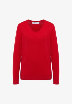 Punainen vetoketjupaita, jossa on V-pääntie, pitkät hihat ja ribbaatut hihansuut. Tasainen pinta, valmistettu pehmeästä materiaalista, jossa on etiketissä "CECIL" kauluksessa.