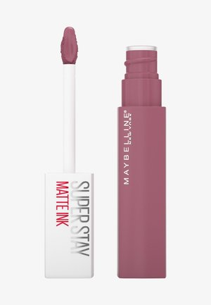 Matt flüssiger Lippenstift in einer sanften Mauvefarbe. Der Tube hat ein glattes pinkes Finish mit weißen Akzenten; der Applikator hat eine doe-foot Form.