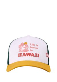 Witte pet met groene gaas zijkanten en een gele rand. Bevat rode tekst en graphics met de tekst "Het leven is beter in HAWAII."