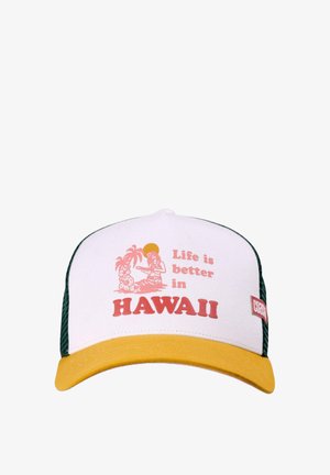 White cap with green mesh sides and a yellow brim. Features red text and graphics saying "Life is better in HAWAII."