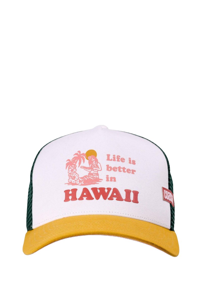 Witte pet met groene gaas zijkanten en een gele rand. Bevat rode tekst en graphics met de tekst "Het leven is beter in HAWAII."