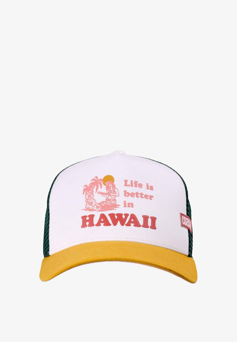 Witte pet met groene gaas zijkanten en een gele rand. Bevat rode tekst en graphics met de tekst "Het leven is beter in HAWAII."