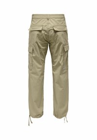 Beiget puuvillaiset cargohousut, joissa on useita sivutaskuja, säädettävät lahkeensuut ja rento istuvuus. Sileä pinta ja vahvistetut saumat.