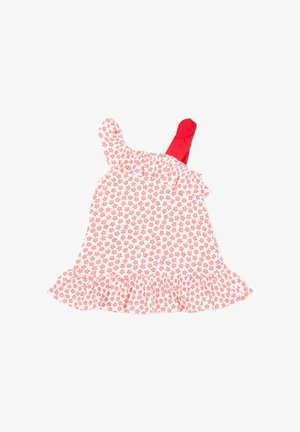 Vestido sin mangas para niña pequeña con estampado de flores rosas, dobladillo con volantes y una sola tira de hombro sólida de color rojo.