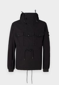 Black pullover jacket with a high collar, front buttons, and two chest pockets. Features adjustable drawstrings and elasticized cuffs.
