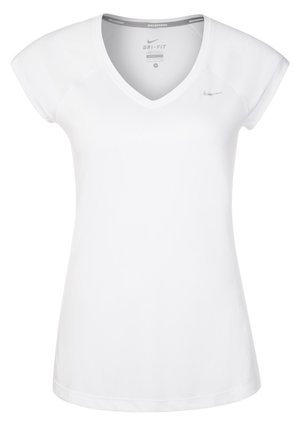 Biała damska sportowa koszulka Nike Dri-Fit z krótkim rękawem i dekoltem w serek, z małym logo Swoosh na lewej piersi.