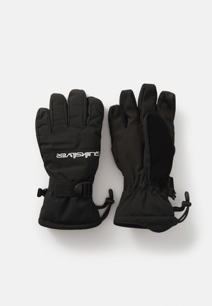 Černé izolační rukavice s vícemenší konstrukcí prstů, nastavitelnými zápěstními popruhy a texturovaným úchopem na dlaních. Vyrobeny z lehkých a odolných materiálů.