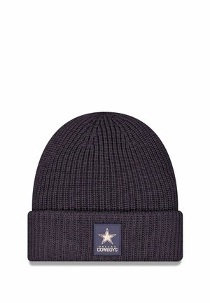 Cuffia a maglia viola scuro con risvolto. Presenta un'etichetta quadrata con una stella e "Dallas Cowboys" in testo bianco.