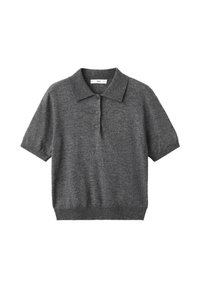 Polo tričko s krátkym rukávom v tmavošedej farbe, s dvoma gombíkmi a rebrovaným lemom, vhodné na neformálne alebo poloficiálne nosenie.