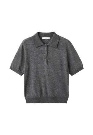 Korte mouwen donkergrijze gebreide polo met twee knopen en een geribde zoom, geschikt voor casual of semi-formele gelegenheid.