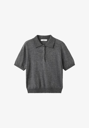 Pánský polokošile s krátkým rukávem v tmavě šedé barvě z pleteniny se dvěma knoflíky a žebrovaným lemem, vhodná na neformální nebo polofomální příležitosti.