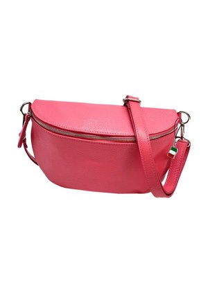 Pink leather crossbody bag with a curved design, zipper closure, and adjustable strap. Features a small multicolored tag. Smooth texture.
