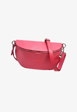 Pink leather crossbody bag with a curved design, zipper closure, and adjustable strap. Features a small multicolored tag. Smooth texture.