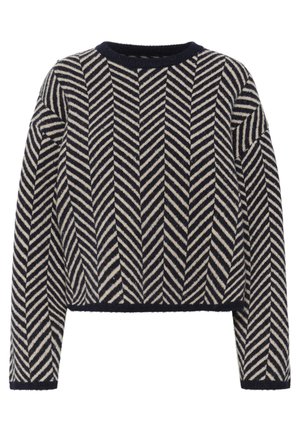 Knitted pullover with a herringbone pattern in navy and cream, round neckline, long sleeves, and a cropped fit. Soft texture.