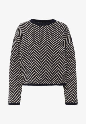 Stickad tröja med fiskbenskraft i marinblå och krämfärgad, rund hals, långa ärmar och kort passform. Mjuk textur.