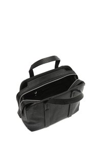 Sac en cuir noir avec une finition texturée, deux poignées supérieures et une fermeture éclair. L'intérieur est doublé de tissu noir.