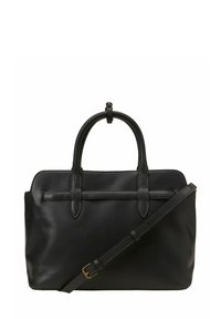 Schwarze Lederhandtasche mit doppelten Schultergriffen und einem verstellbaren Riemen. Ausgestattet mit einer glatten Textur, minimalistischem Design und Akzenten auf der Vorderseite.