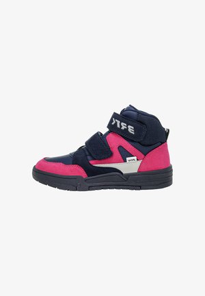 High-top sneakers in navy blue and pink, featuring suede and mesh materials, two velcro straps, and a rubber sole with traction patterns.