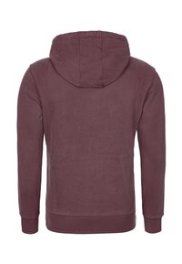 Mörkröd hoodie med dragsko i huvan, långa ärmar och ribbade muddar. Materialet verkar mjukt med en slät textur, inga synliga grafiska bilder eller mönster.