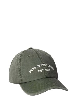 Gorra de béisbol verde oliva con texto bordado en blanco "PEPE JEANS LONDON EST. 1973" en la parte frontal.
