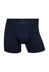 Marineblå boxershorts lavet af et blødt, strækbart stof. Har en mærket talje og en formet pouches for støtte.