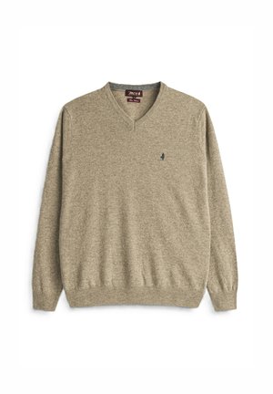 Maglione beige in lana a V con polsini e orlo a coste, dotato di un piccolo logo verde scuro sul lato sinistro del petto. Tessuto morbido e strutturato.