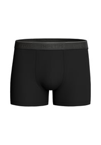 Black boxer shorts made of elastic material. Features a wide black waistband with "IMPETUS" embossed. Simple design with no patterns.