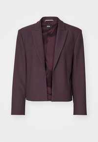 Blazer morado oscuro con un diseño ajustado, que cuenta con cuello de solapa, mangas largas y cierre de un solo botón. Textura de tela suave.