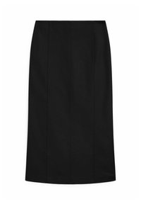 Jupe crayon noire au texture lisse, arrivant au genou, avec des coutures verticales pour une structure et une silhouette propre et ajustée.