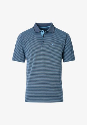 Stribet polo skjorte i mørkeblå og lys blåt, korte ærmer, med krave og en lomme på venstre bryst. Blødt stof tekstur.