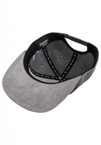 Gray suede cap with a black interior, featuring a curved brim, perforated details, and adjustable strap at the back.