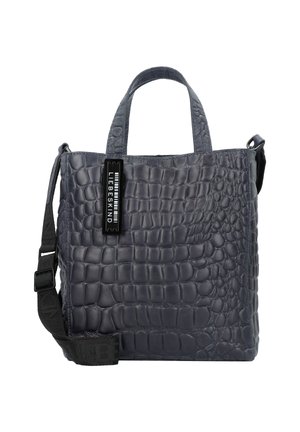 Dark gray crocodile-textured leather tote bag with short handles, adjustable black shoulder strap, and a black tag labeled "Liebeskind".