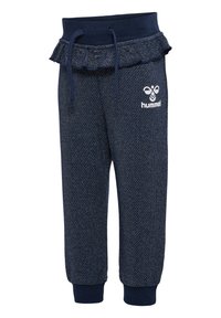 Mörkblå träningsbyxor med volangmidja, tillverkade av ett texturerat tyg med ett diagonalt mönster. Inkluderar en vit logotyp på framsidan.