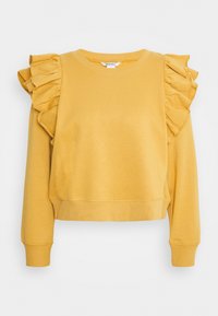 Žlutá mikina s dlouhým rukávem a volány na ramenou, kulatým výstřihem a žebrovanými manžetami a lemem, vyrobená z jemného materiálu.