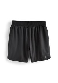 Svarta sportshorts med elastisk midja och liten vit triangulär logotyp på nedre högra benet, framför en vit bakgrund.