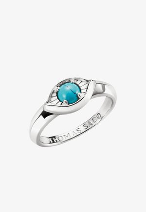Silberner Thomas Sabo Ring mit einem augenförmigen Design und einem runden Türkisstein in der Mitte.