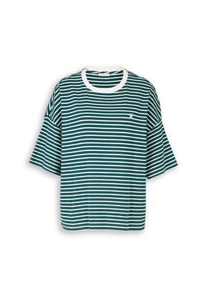 Green and white horizontal striped short-sleeve T-shirt with white crew neck and small light heart emblem on the chest.